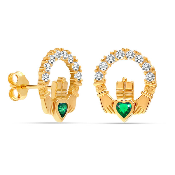 925 Sterling Silver 14K Gold Plated Green Cubic Zirconia Medium Heart Pave Claddagh Stud Earrings for Women