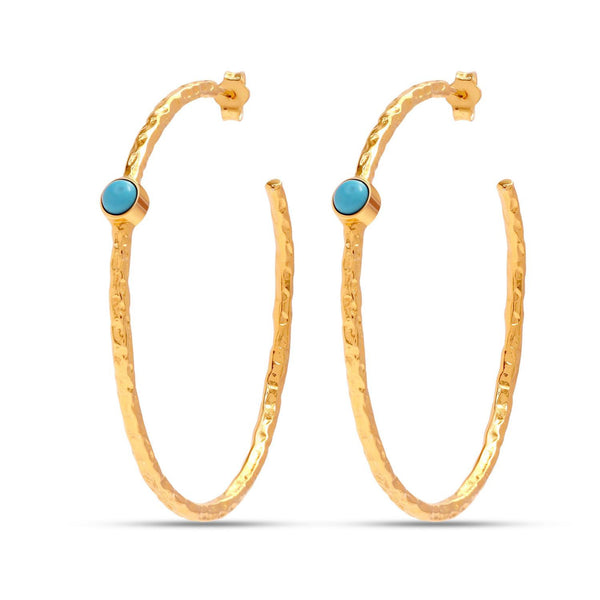 925 Sterling Silver 14K Gold Plated LARGE Diamond-Cut Italian Blue Turquoise Gemstone Hoop Earrings for Women