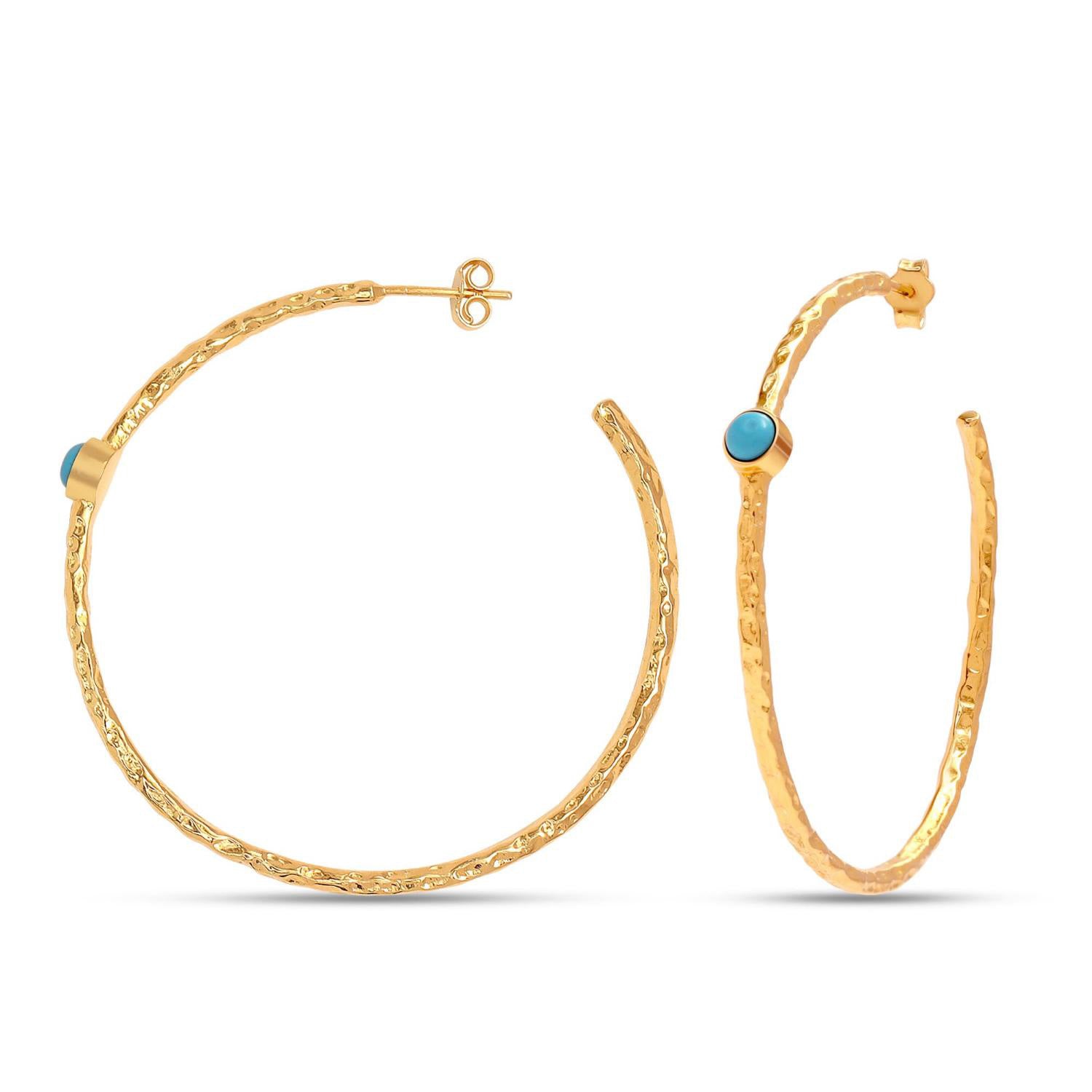 925 Sterling Silver 14K Gold Plated LARGE Diamond-Cut Italian Blue Turquoise Gemstone Hoop Earrings for Women