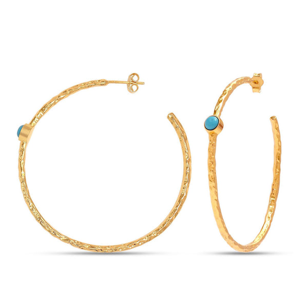 925 Sterling Silver 14K Gold Plated LARGE Diamond-Cut Italian Blue Turquoise Gemstone Hoop Earrings for Women