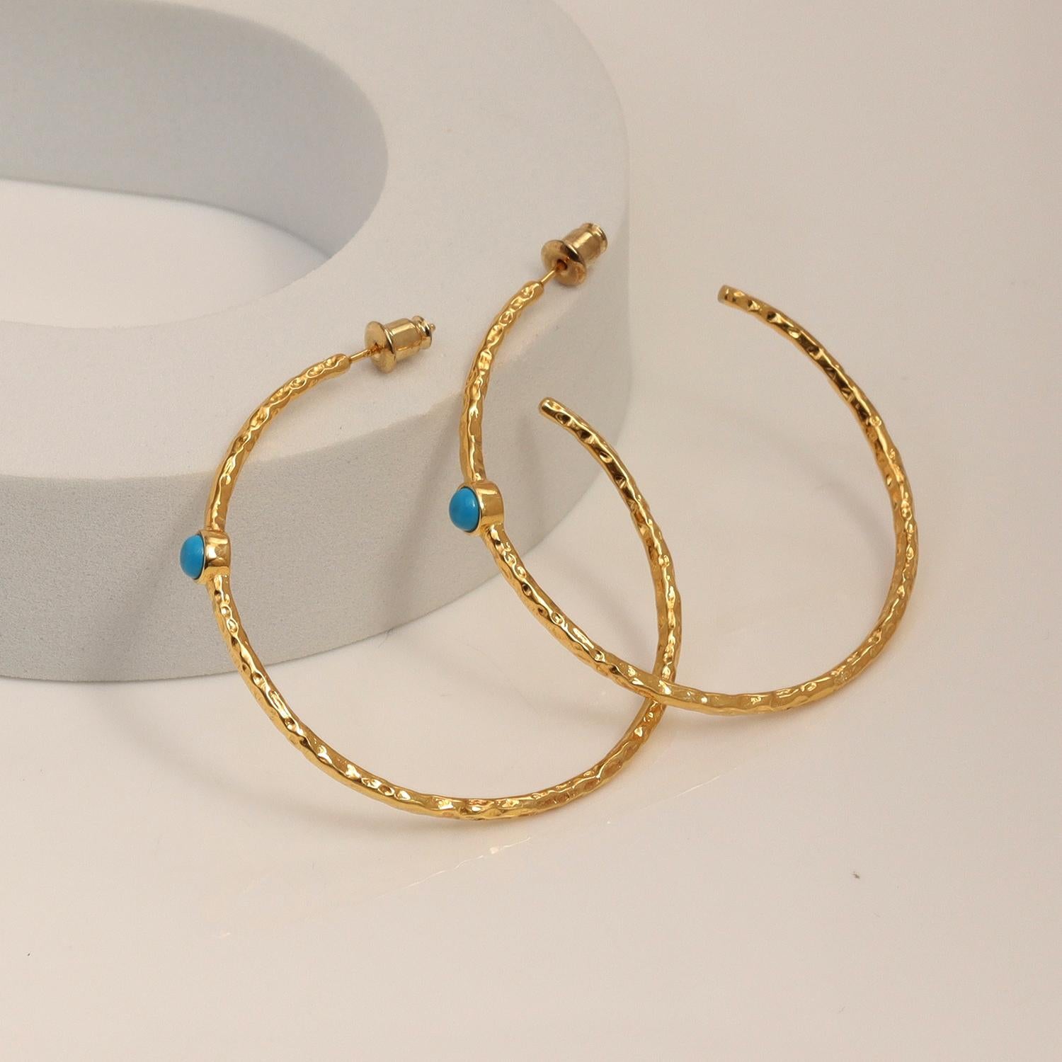 925 Sterling Silver 14K Gold Plated LARGE Diamond-Cut Italian Blue Turquoise Gemstone Hoop Earrings for Women