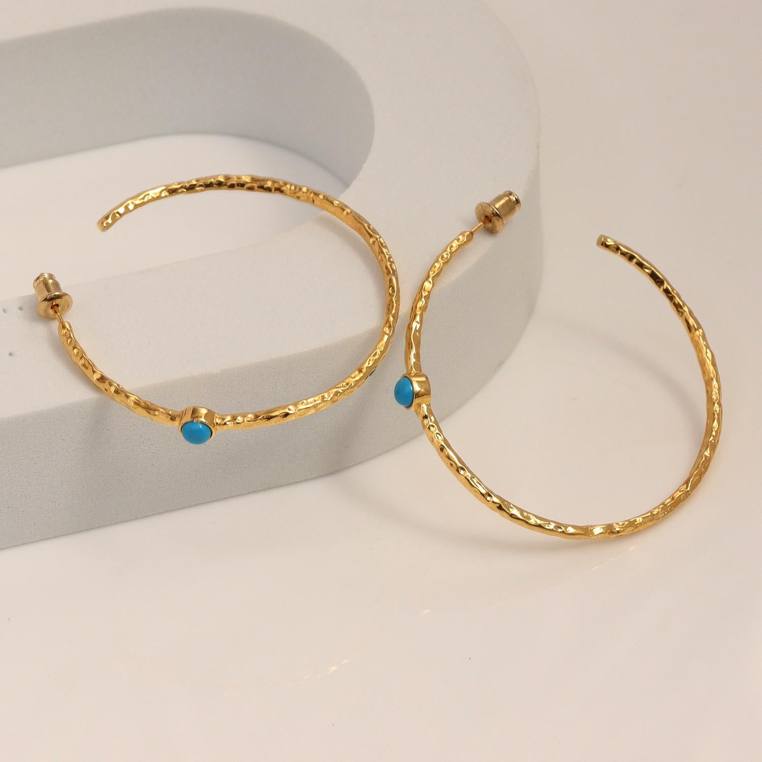 925 Sterling Silver 14K Gold Plated LARGE Diamond-Cut Italian Blue Turquoise Gemstone Hoop Earrings for Women