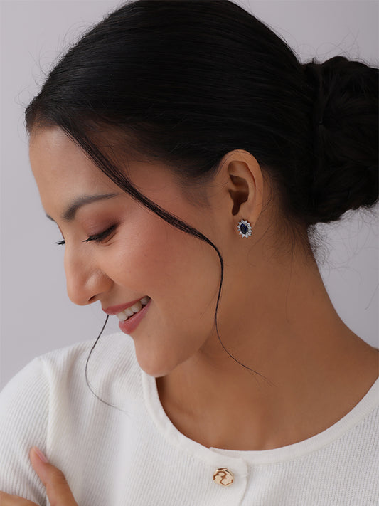 Rhodium Plated Blue Sapphire Stud Earrings