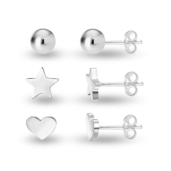 925 Sterling Silver Set of 3 Pairs Ball Star Heart Shape Small Stud Earrings for Women and Girls