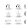 925 Sterling Silver Set of 3 Pairs Ball Star Heart Shape Small Stud Earrings for Women and Girls
