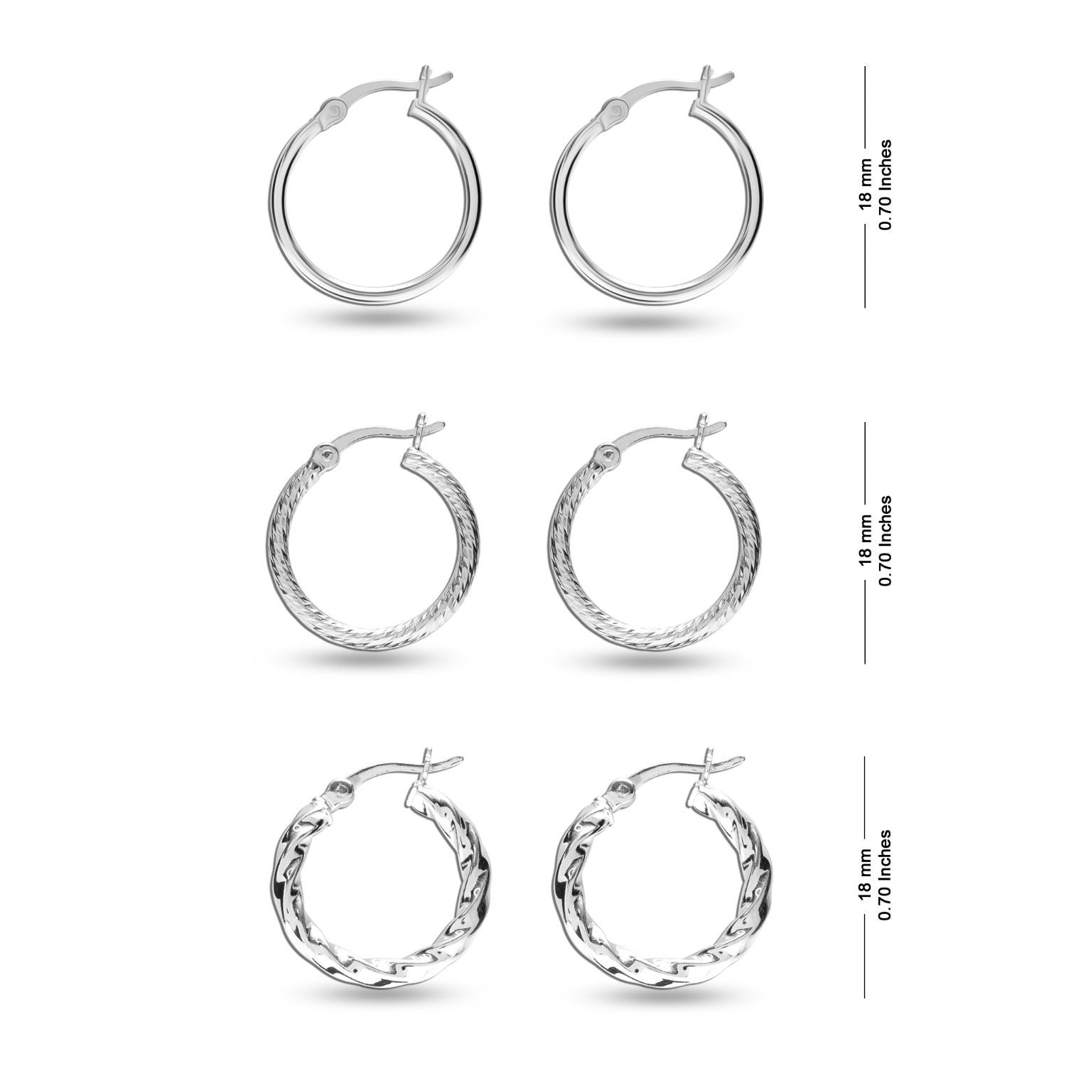 925 Sterling Silver SMALL Set of 3 Pairs Light-Weigh Classic Italian Click-Top Hoop Earrings for Girl Teen Women 18MM