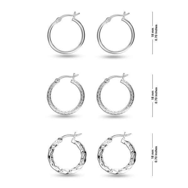 925 Sterling Silver SMALL Set of 3 Pairs Light-Weigh Classic Italian Click-Top Hoop Earrings for Girl Teen Women 18MM