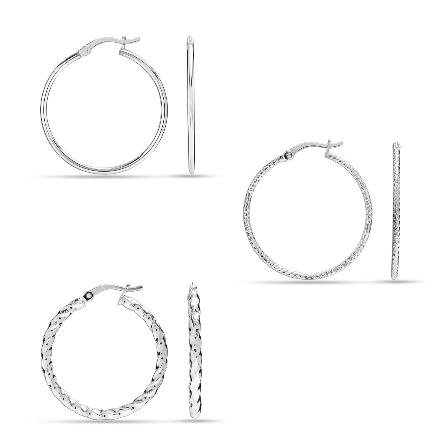 925 Sterling Silver SMALL Set of 3 Pairs Light-Weigh Classic Italian Click-Top Hoop Earrings for Girl Teen Women 25MM
