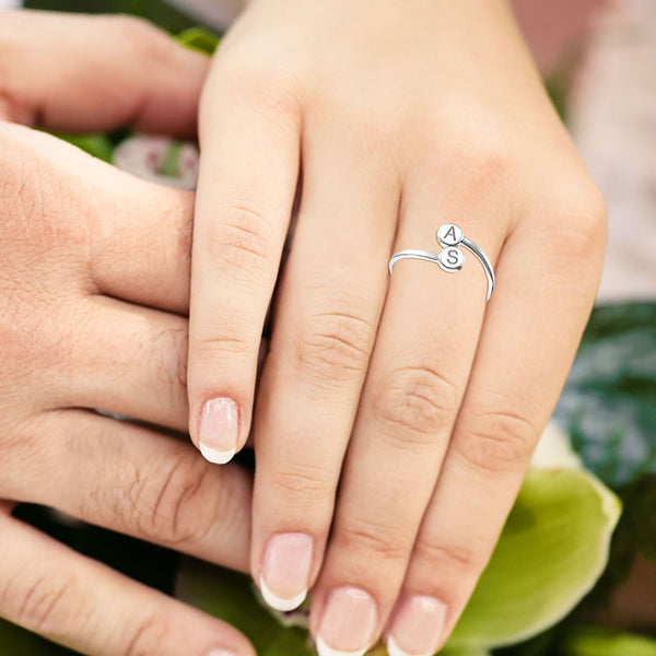 Personalised Customised 925 Sterling Silver Engraved Couple Double Disc Initial Finger Rings for Women and Girls