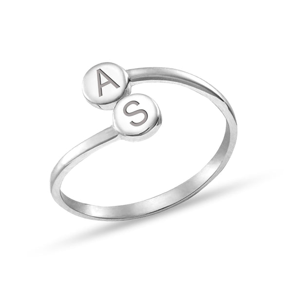 Personalised Customised 925 Sterling Silver Engraved Couple Double Disc Initial Finger Rings for Women and Girls