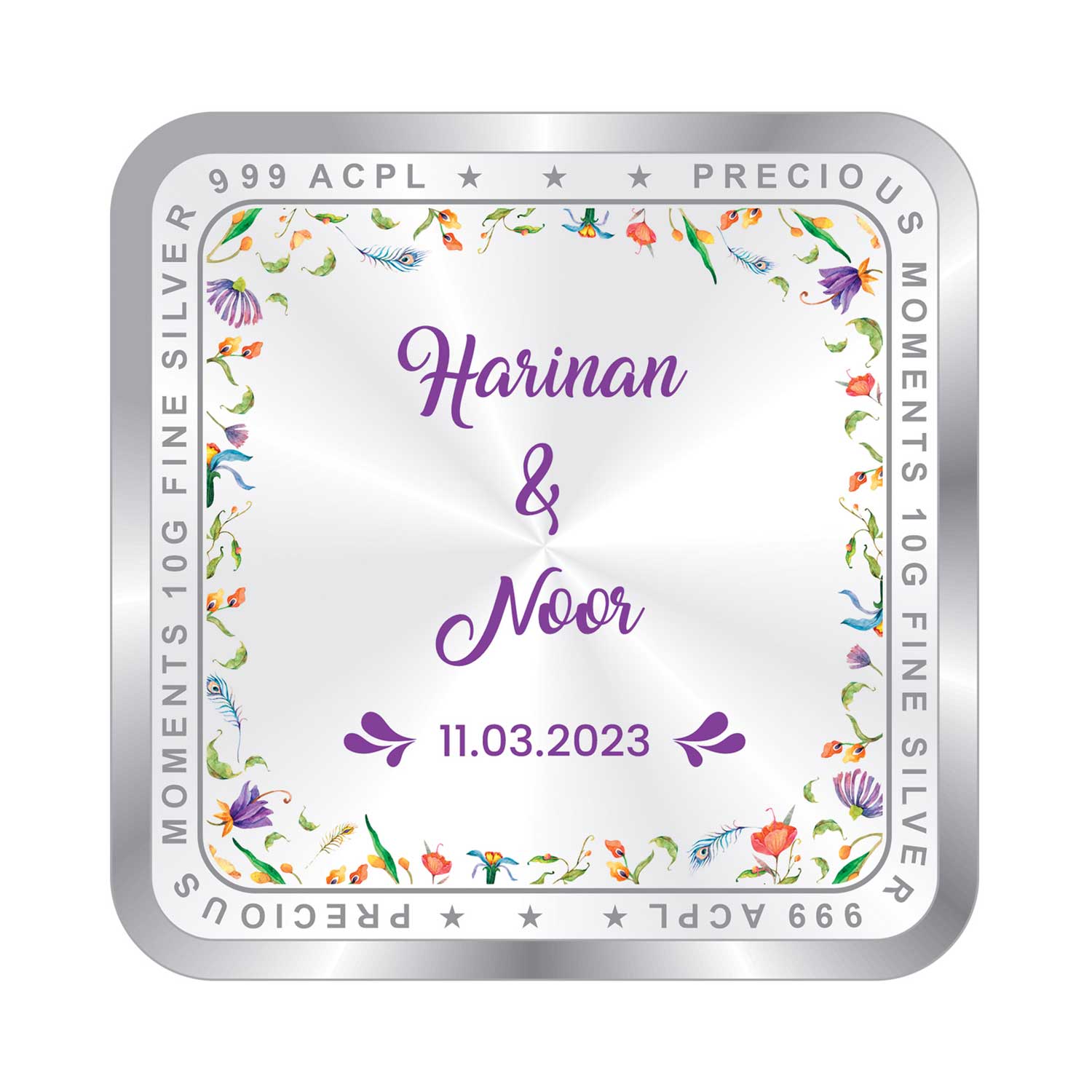 BIS Hallmarked Personalised Newly Married Anniversary Beautiful Square 999 Purity Silver Coin