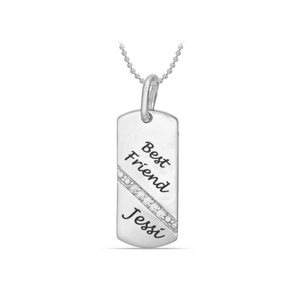 Personalised 925 Sterling Silver Engraved Name or Message Best Friend CZ Pendant Necklace for Men and Women