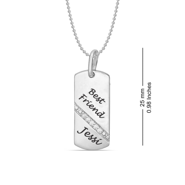 Personalised 925 Sterling Silver Engraved Name or Message Best Friend CZ Pendant Necklace for Men and Women
