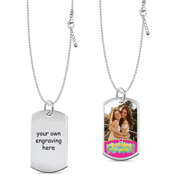 Personalised 925 Sterling Silver Custom Text Message with Image Engraved Besties Forever Pendant Necklace for Girls and Women