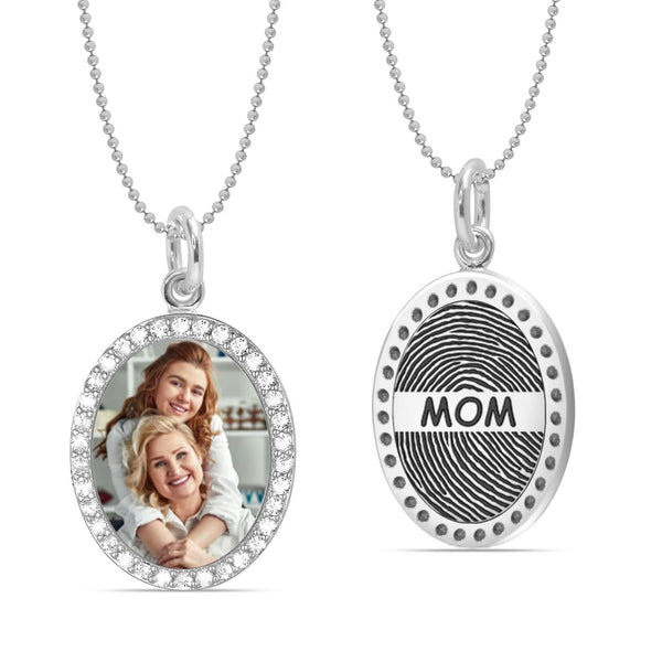 Personalised 925 Sterling Silver Engraved Text With Finger Print on Back Custom Photo on Front CZ Frame Oval Pendant Memorial Thumb Print Necklace for Women Teen