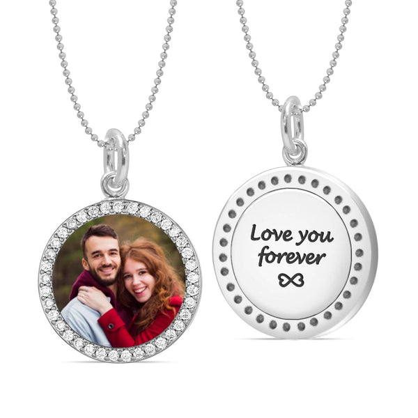 Personalised 925 Sterling Silver Engraved Text Love Infinity on Back With Custom Photo on Front CZ Frame Round Pendant Necklace for Girls and Women