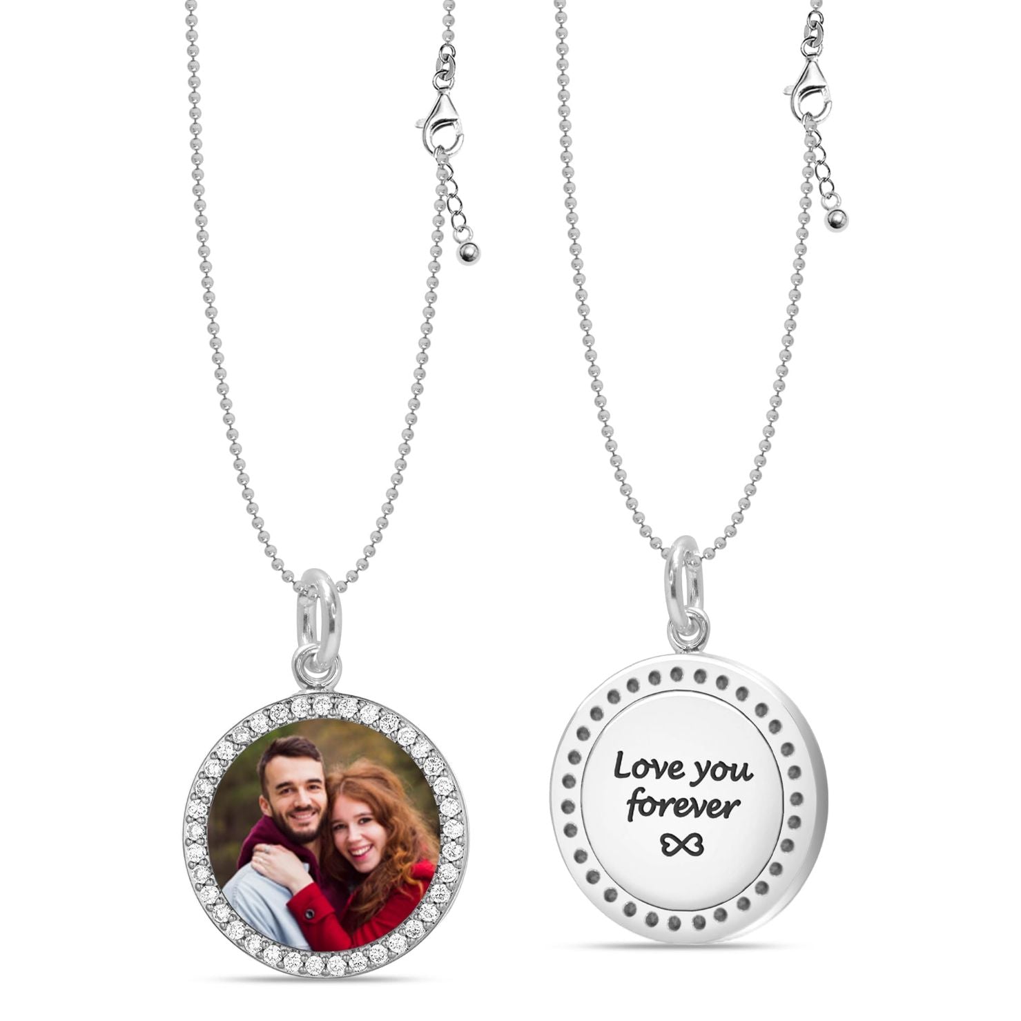 Personalised 925 Sterling Silver Engraved Text Love Infinity on Back With Custom Photo on Front CZ Frame Round Pendant Necklace for Girls and Women