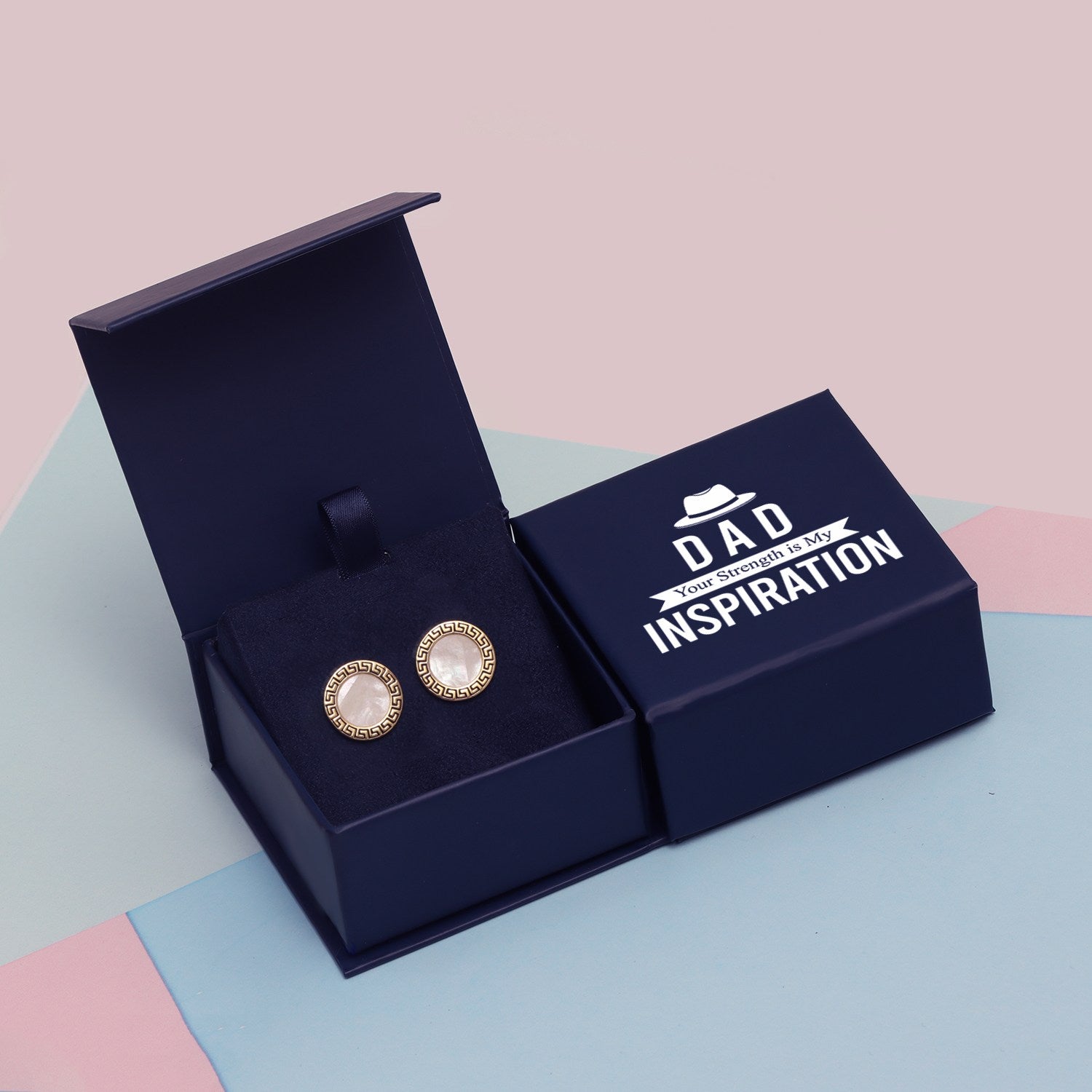 925 Sterling Silver 18K Gold-Plated Mother of Pearl Greek Key Cufflinks for Dad Father Grand-Father Men With Gift Box