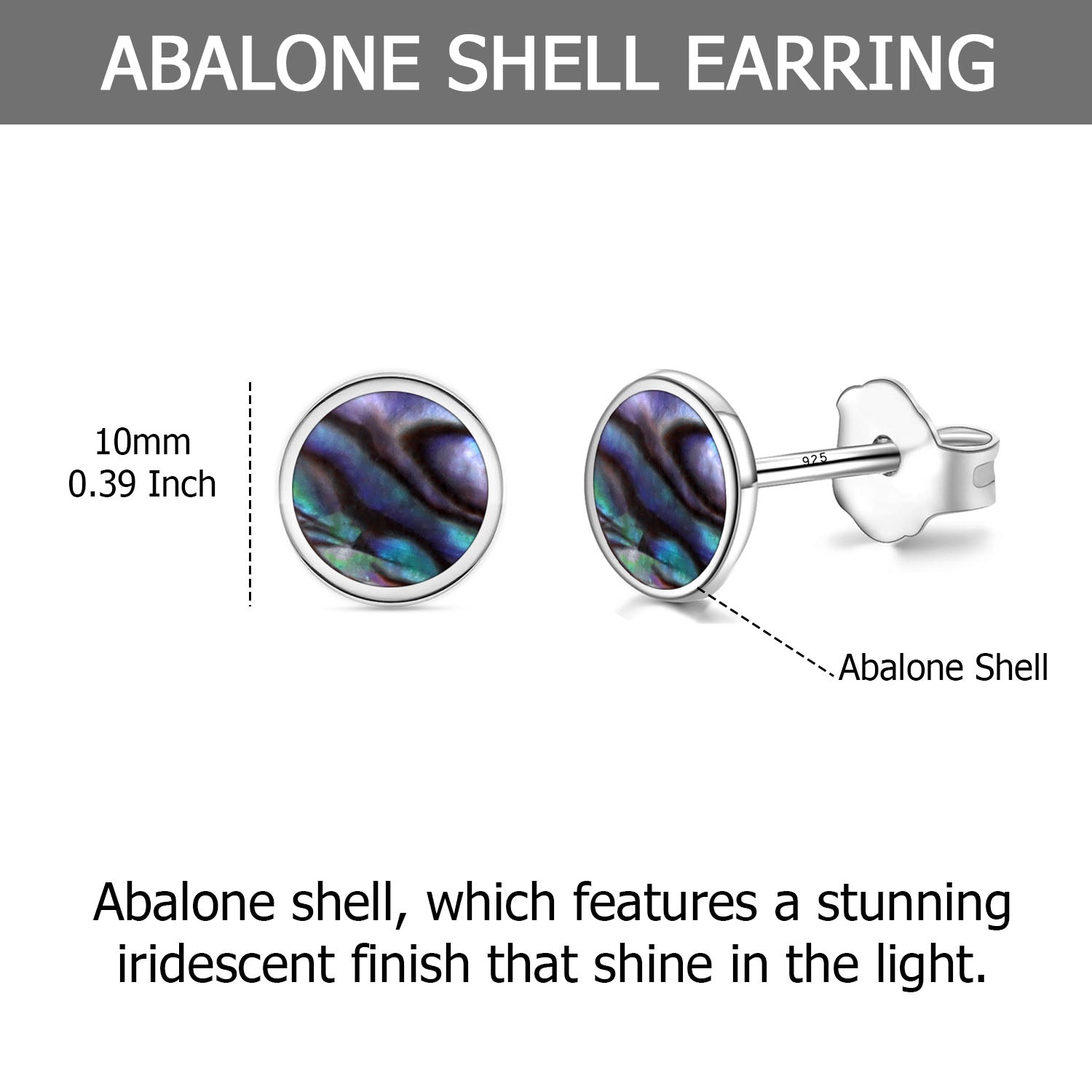 925 Sterling Silver Bezel Setting Flat Round Disc Circle Abalone Shell Stud Earrings for Women