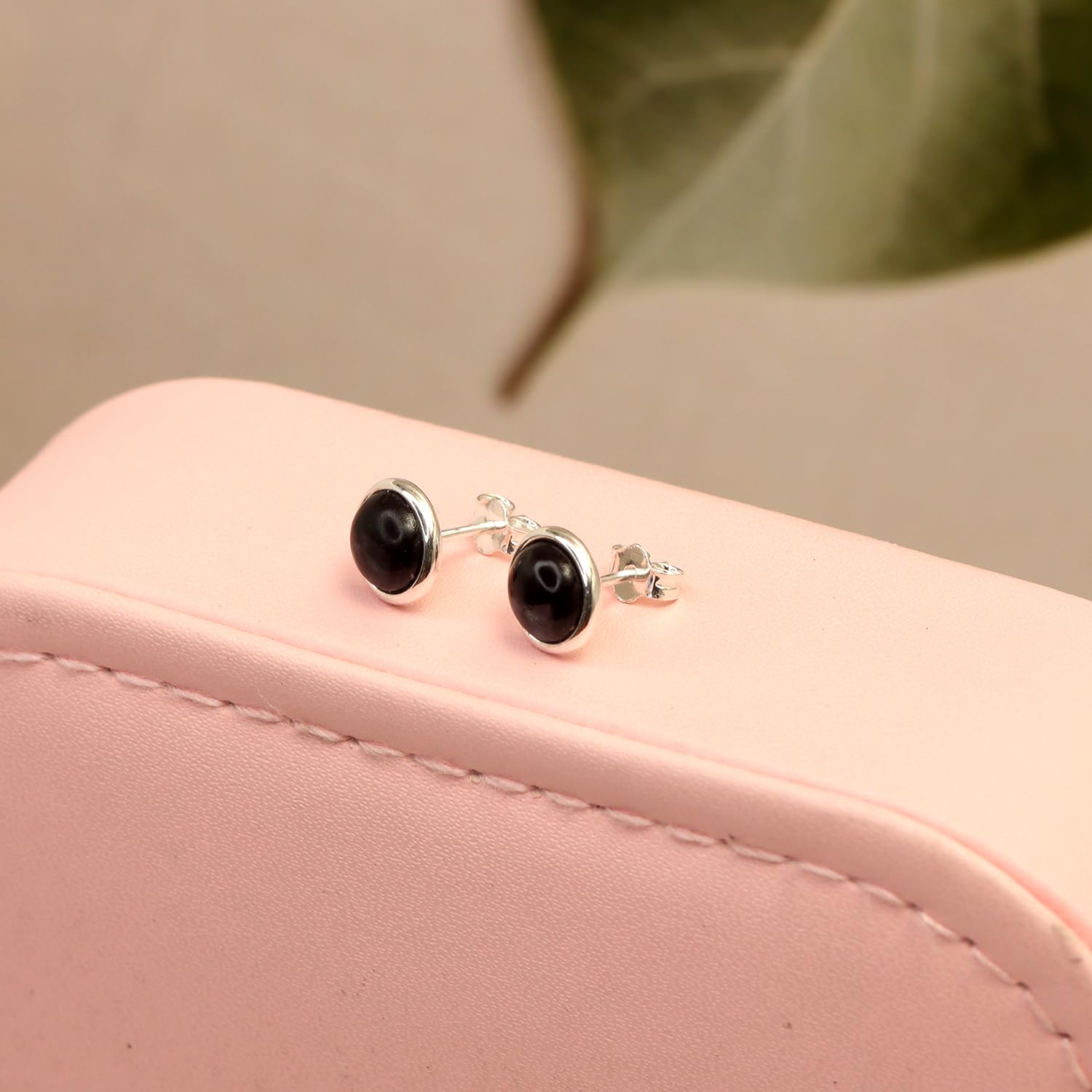 925 Sterling Silver Black Onyx Bezel-Set Round Circle Stud Earrings for Women
