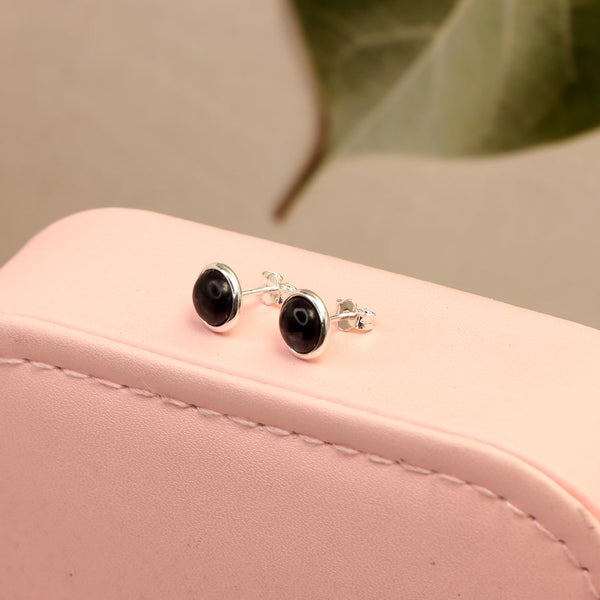 925 Sterling Silver Black Onyx Bezel-Set Round Circle Stud Earrings for Women