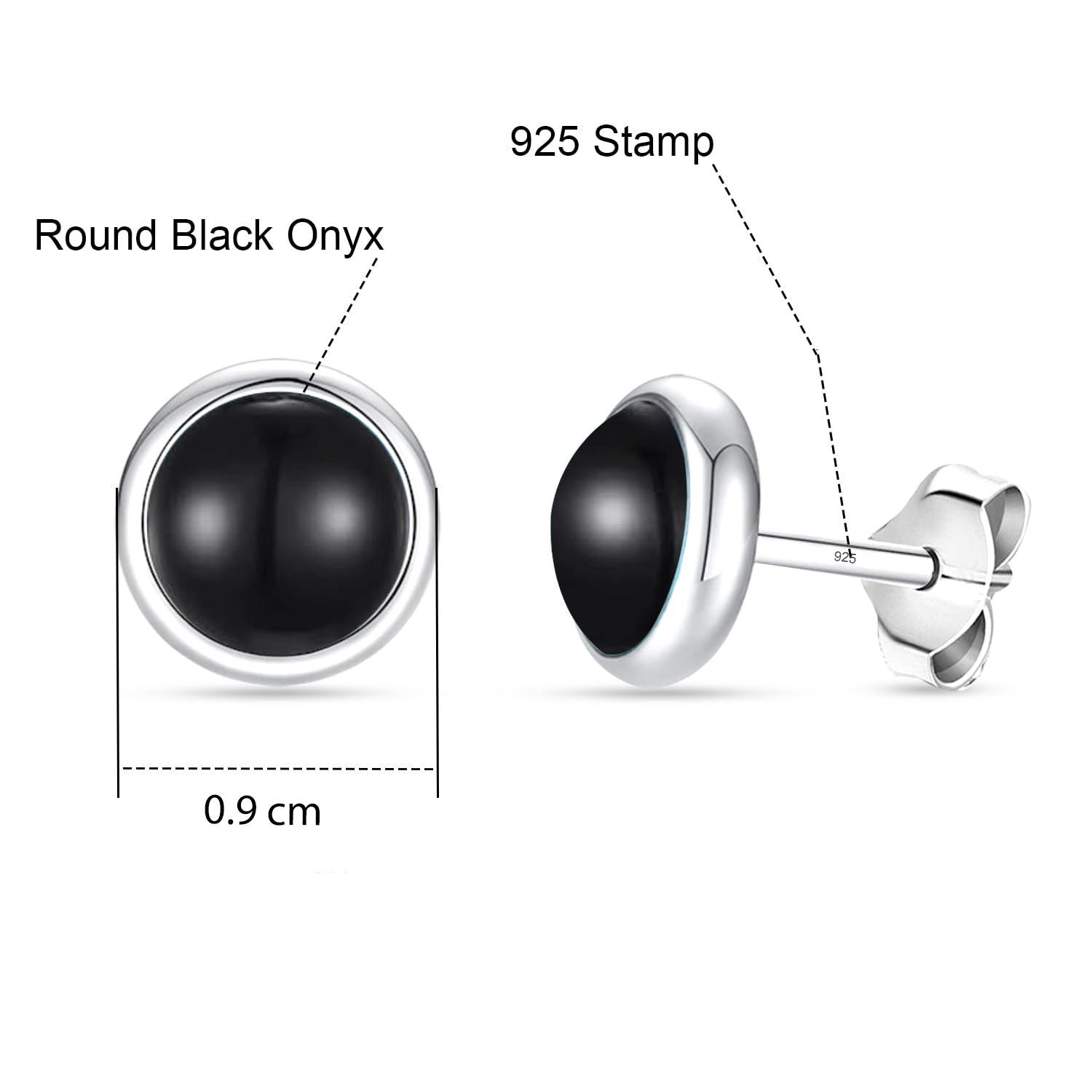 925 Sterling Silver Black Onyx Bezel-Set Round Circle Stud Earrings for Women