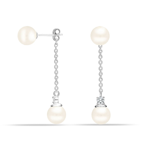 925 Sterling Silver Double Pearl with CZ Drop Dangle Stud Earrings for Women Teen