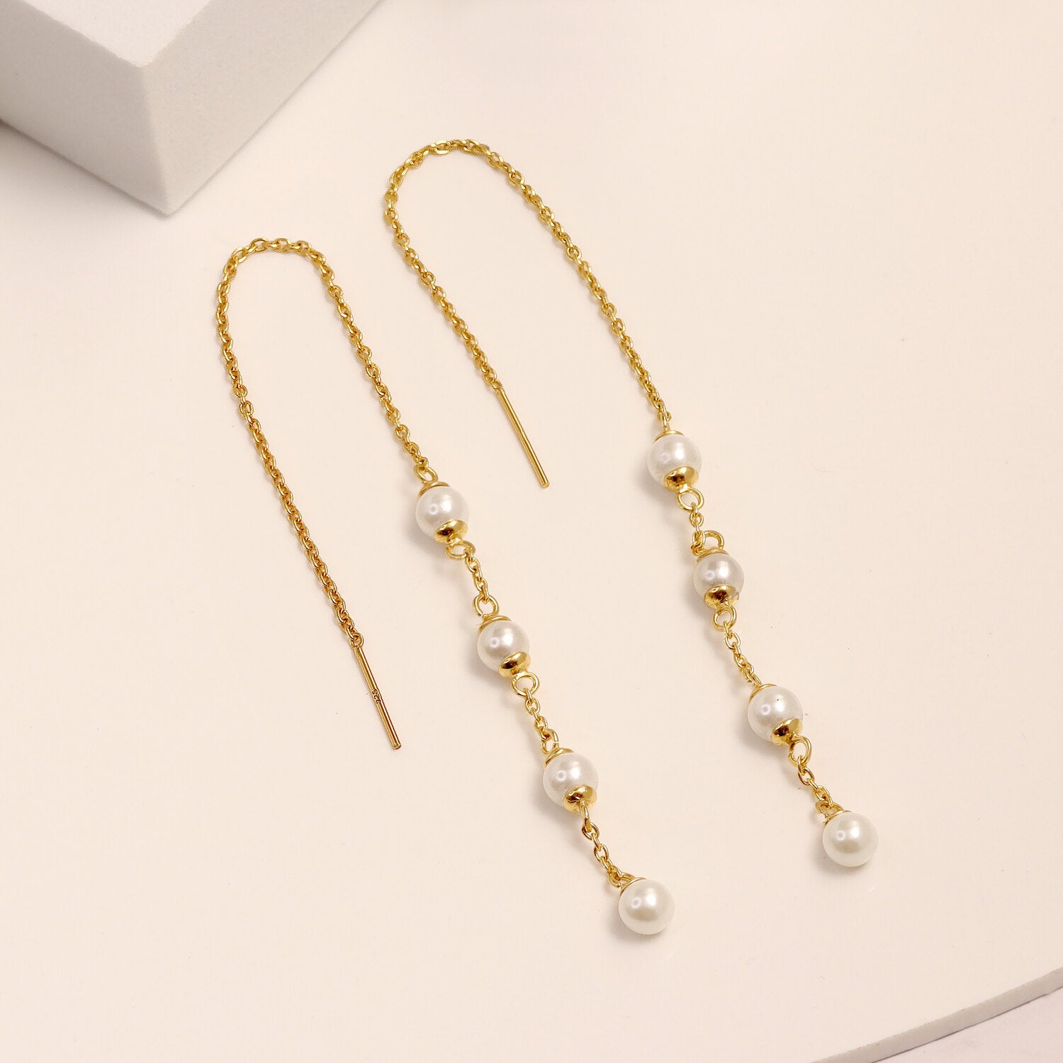 925 Sterling Silver 14K Gold Plated Simulated Pearl Threader Drop Dangle Earrings for Women Teen