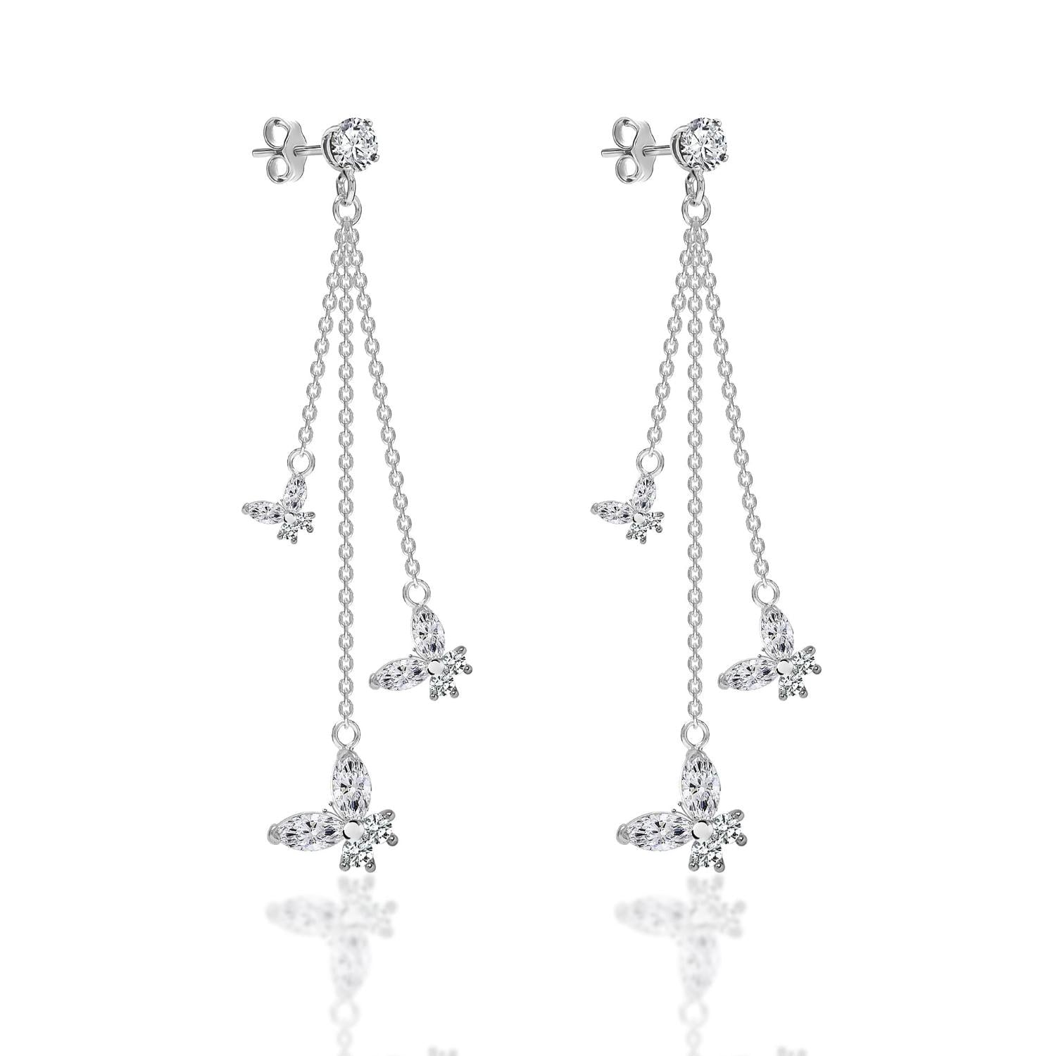 925 Sterling Silver Cubic Zirconia Lightweight Crystal Long Tassel Chain Butterfly Drop Dangle Earrings for Women