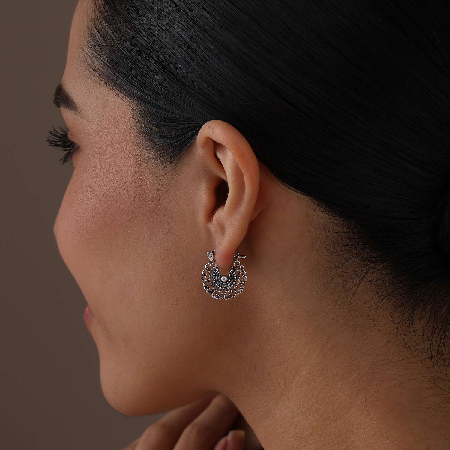 925 Sterling Silver Antique Bohemian Boho Filigree Flower Design Hoop Earrings for Women