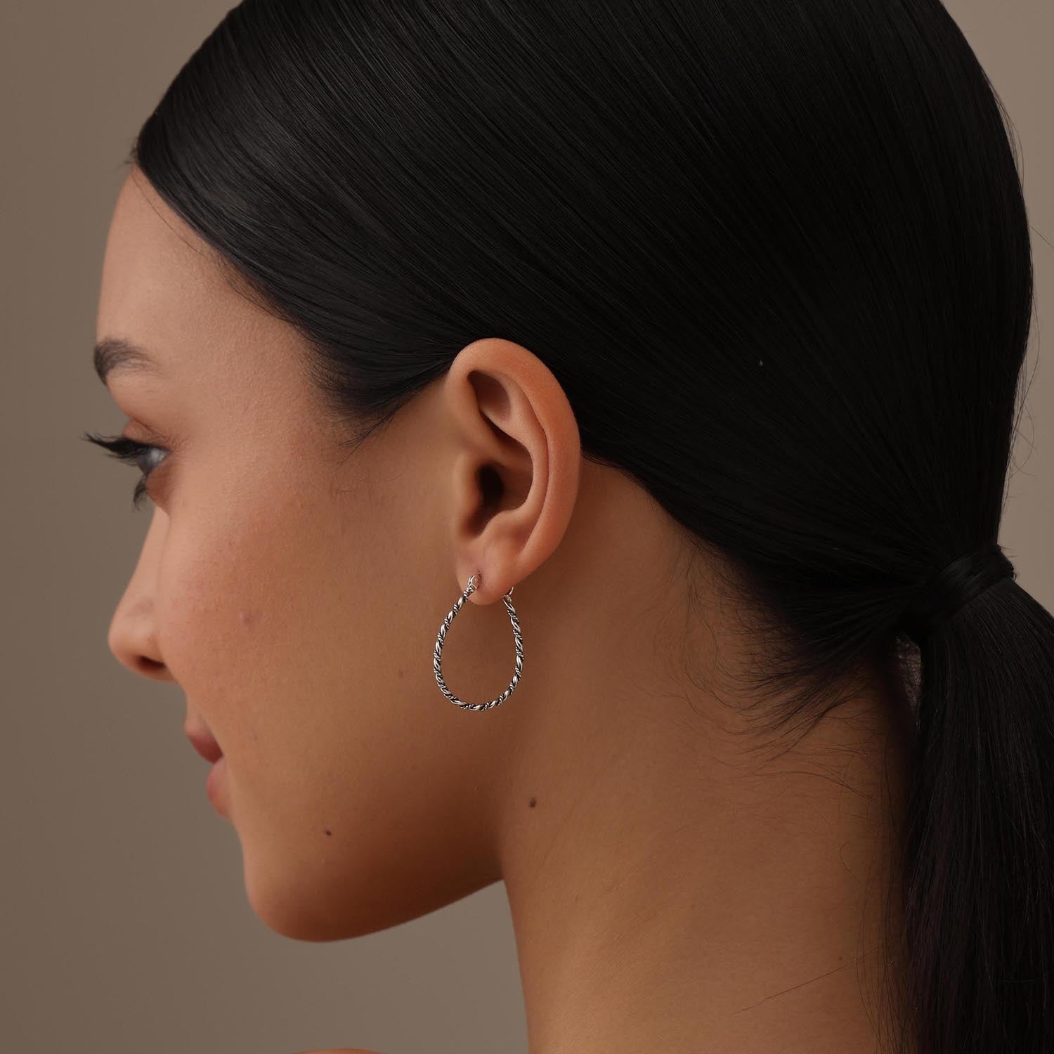 925 Sterling Silver Antique Weaved Teardrop Lightweight Twisted Rope Design Click-Top Hoop Earrings for Women Teen