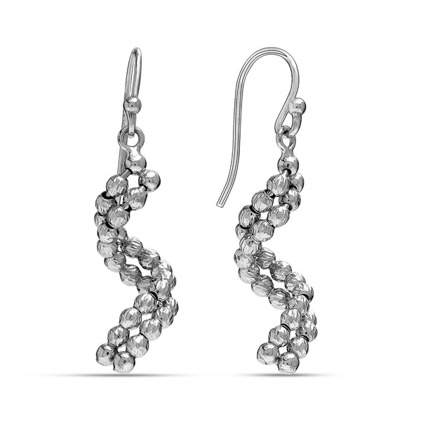 925 Sterling Silver Rhodium Plated Diamond-Cut Long Twisted Beaded Snake Style Drop Dangle Earrings for Women