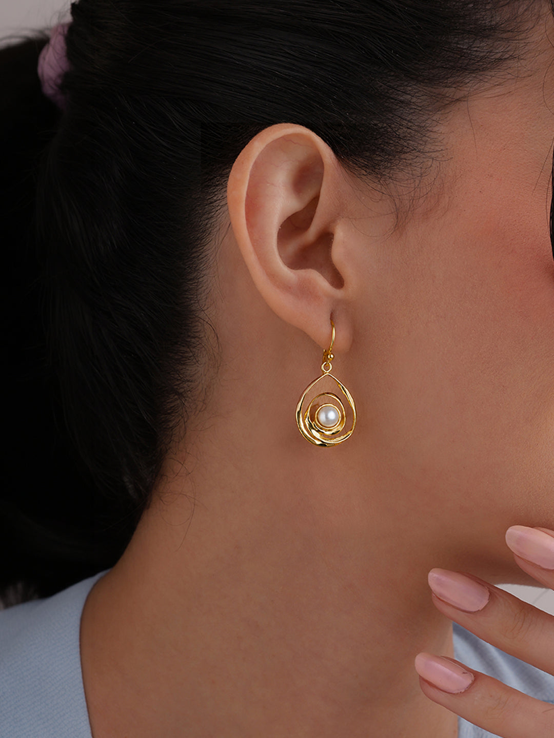 Golden Spiral Pearl Drop Earrings