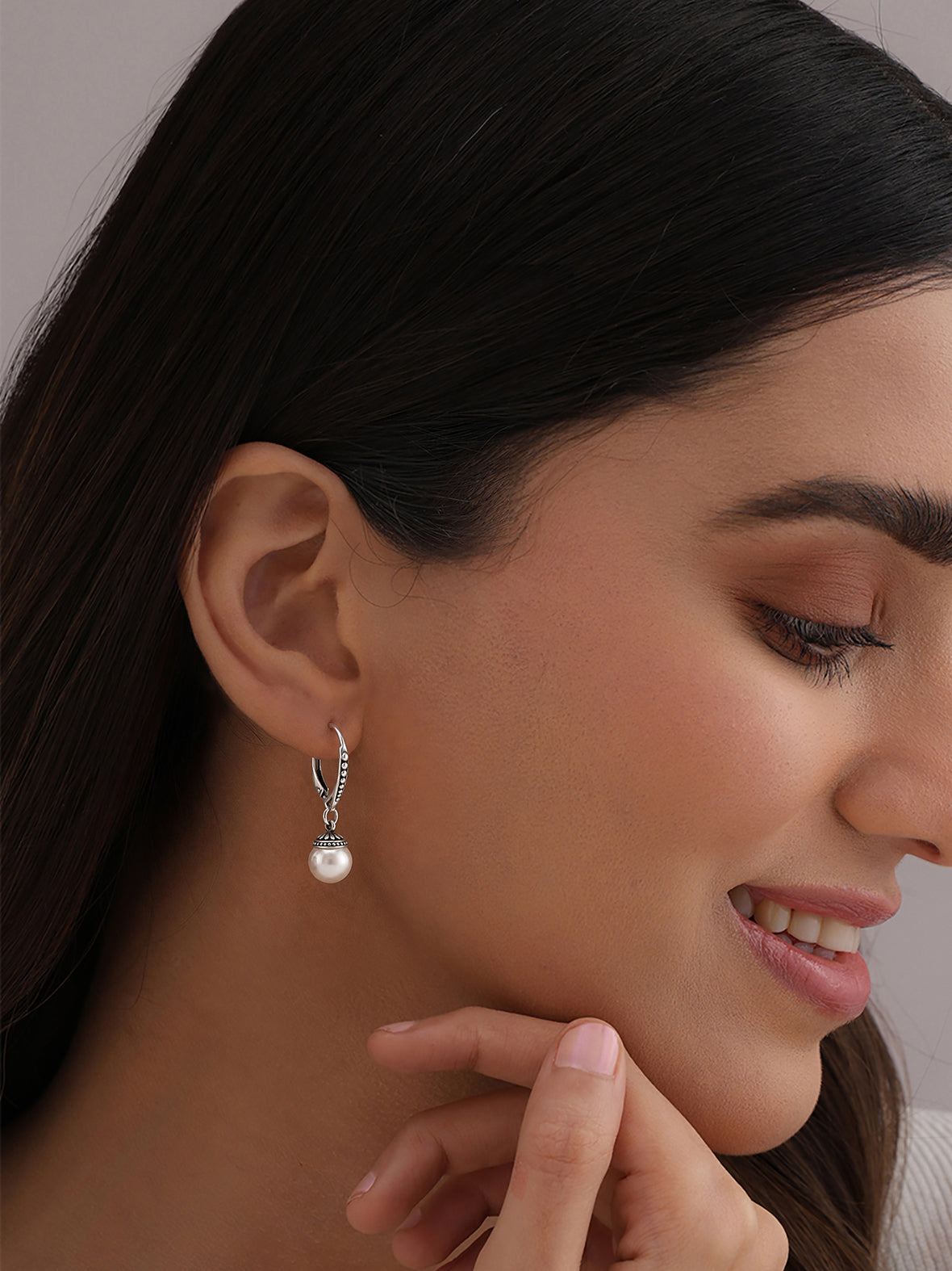 Silver Beaded Pearl Drop Earrings