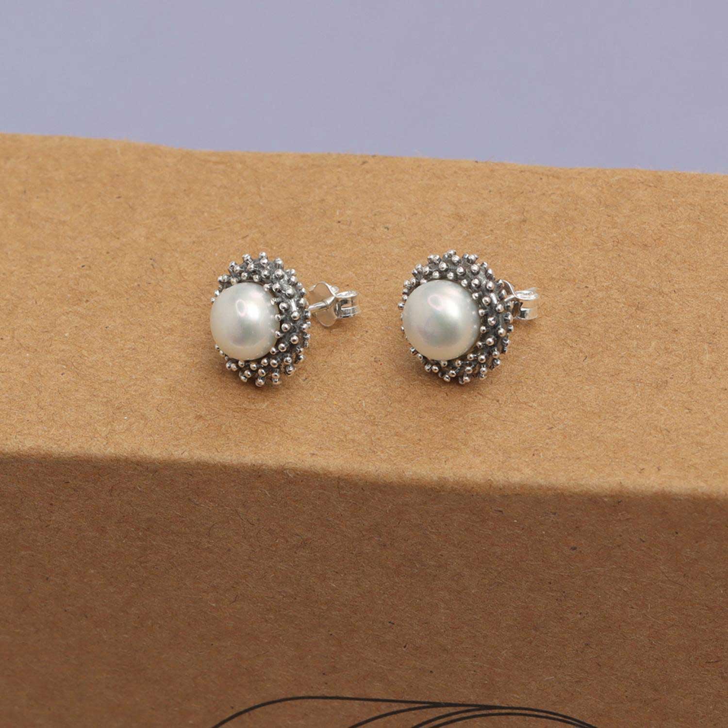 925 Sterling Silver Simulated Pearl Antique Stud Earring for Women and Teen