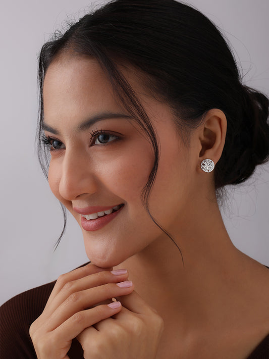 Round Dome Shape Textured Silver Stud Earrings
