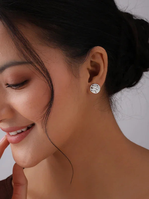 Round Dome Shape Textured Silver Stud Earrings