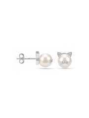 Simulated Pearl Cat Stud Earrings