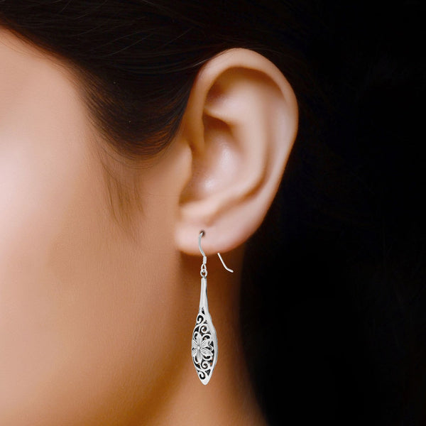 925 Sterling Silver Filigree Bali Inspired Flower Teardrop Dangle Hook Earrings for Women