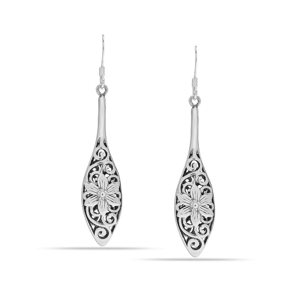925 Sterling Silver Filigree Bali Inspired Flower Teardrop Dangle Hook Earrings for Women