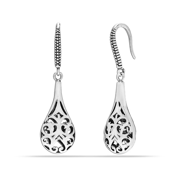 925 Sterling Silver Bali Inspired Filigree Raindrop Dangle Hook Earrings for Teen