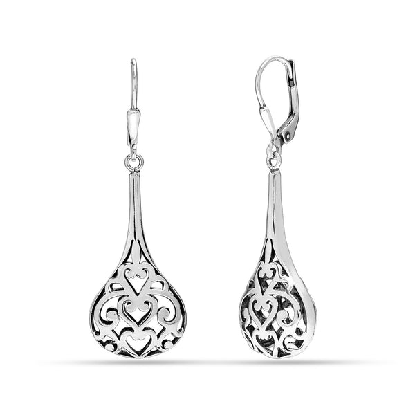 925 Sterling Silver Jewellery Antique Filigree Bali Inspired Lever-Back Drop Dangle Earrings for Women