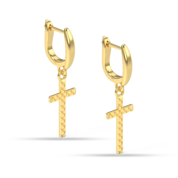 925 Sterling Silver Cross Tiny Huggie Diamond-Cut Religious Leverback Dangler Earrings for Women
