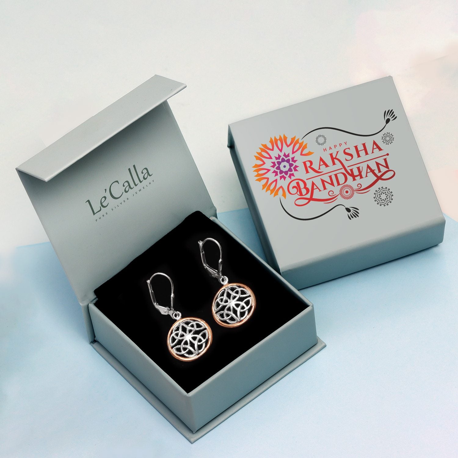 925 Sterling Silver Two-Tone Celtic-Knot Drop Dangle Earrings With Raksha Bandhan Gift Box For Sister