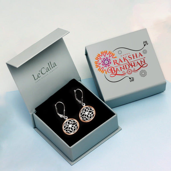 925 Sterling Silver Two-Tone Celtic-Knot Drop Dangle Earrings With Raksha Bandhan Gift Box For Sister
