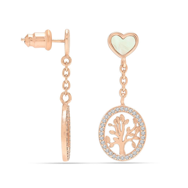 925 Sterling Silver Rose Gold-Plated Mother of Pearl CZ Tree of Life Drop Dangler Earrings for Women Teen