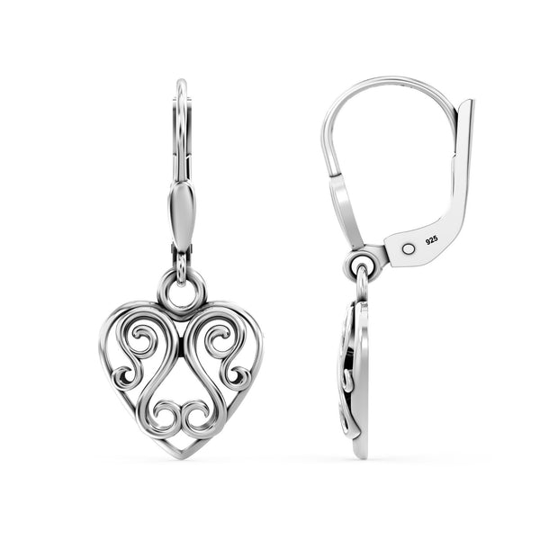 925 Sterling Silver Lightweight Heart Filigree Leverback Drop Dangle Earrings for Women Teen