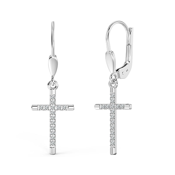 925 Sterling Silver CZ Cross Micro Pave Leverback Earrings for Men