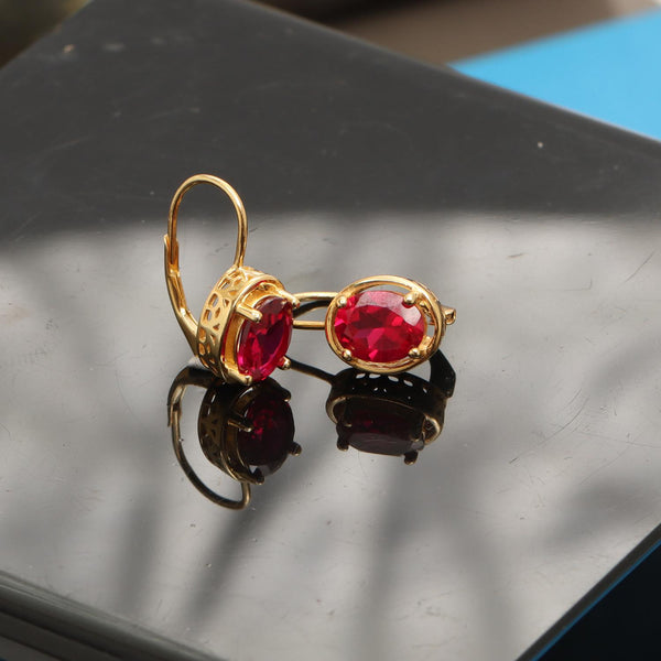 925 Sterling Silver 18K Gold-Plated Oval Red Created Ruby Leverback Dangle Earrings for Women Teen