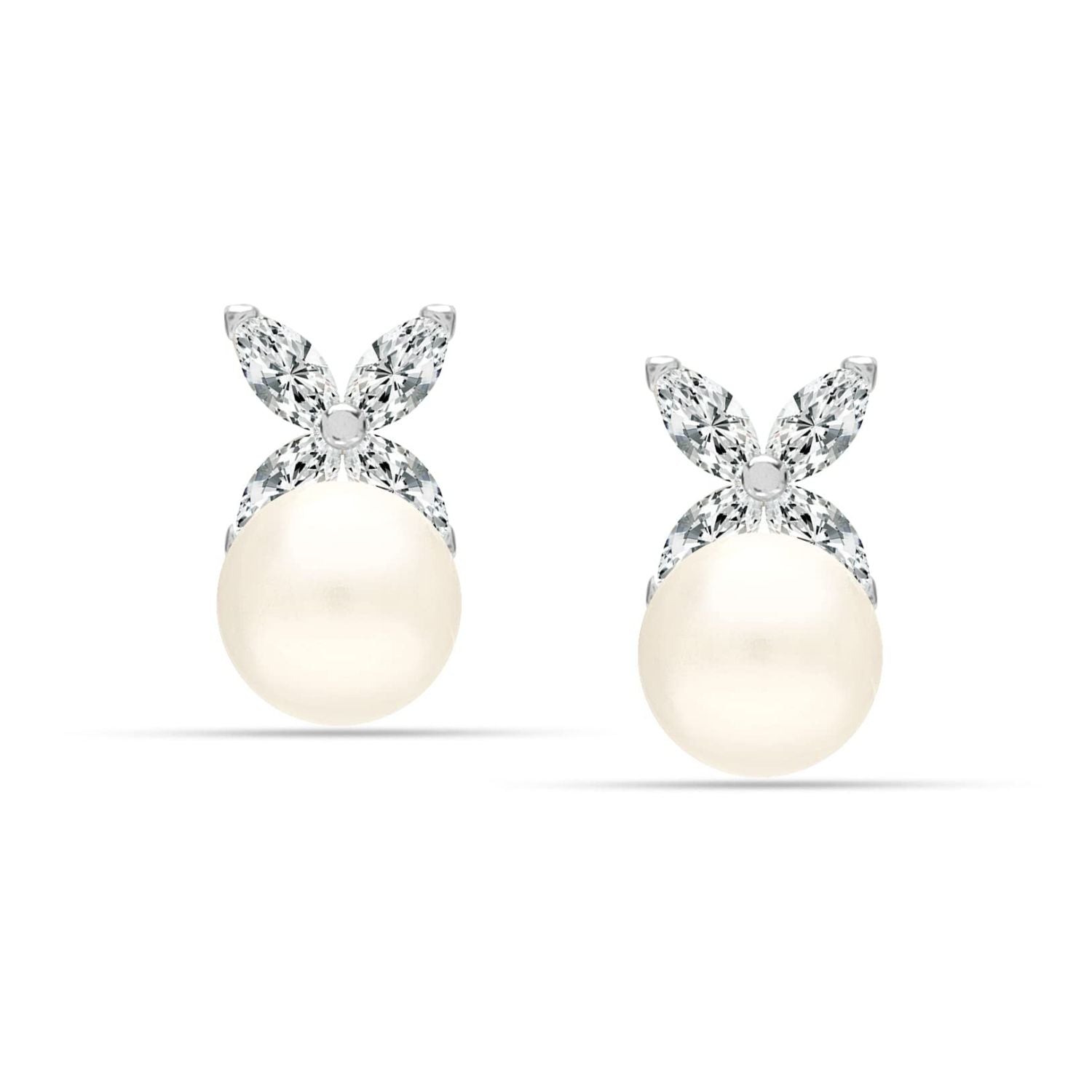 925 Sterling Silver CZ with Pearl Stud Earrings for Women & Girls